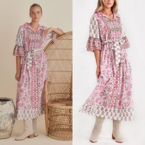 NWT Talisman Jardin Block Print Cotton Floral Boho Belted Midi Dress
